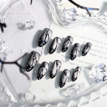 Qfdian Handmade Glitter Wings Fake Nails Press On Nails Cat Eye Almond Nail Reusable Adhesive False Nails Cool Design Finger Tips Kit